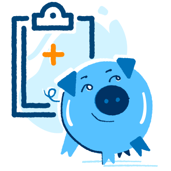 Piggy bank smiling in front of health clipboard