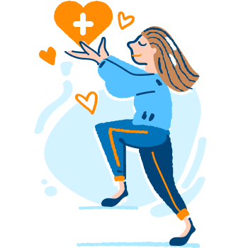 Happy lady going upstairs and holding a heart representing health insurance